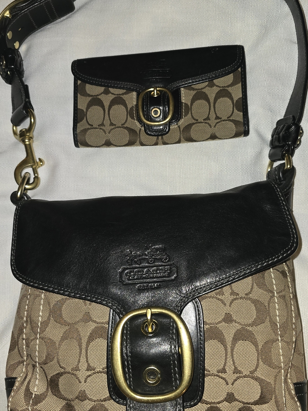 Coach Brown Signature Canvas Shoulder Bag with Black Leather Trim